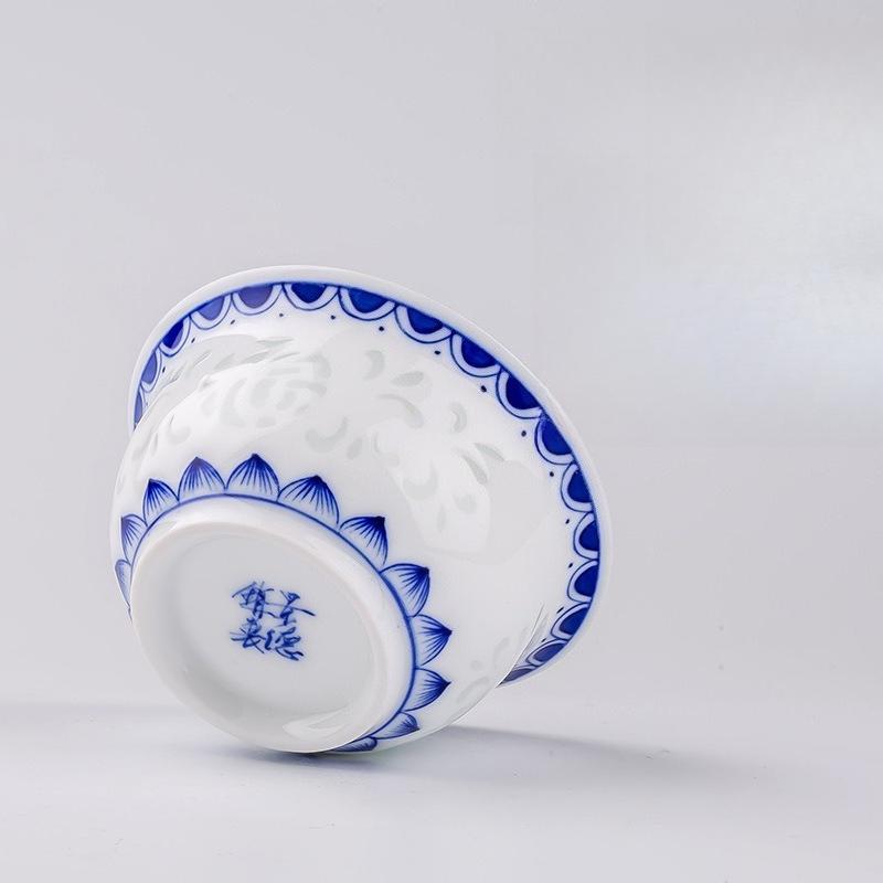 Hand drawn blue and white exquisite tea cup hollowed out ceramic Kung Fu single cup tea set teacup