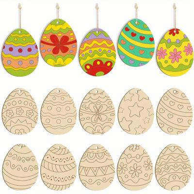 10/20 יחידות קישוטי פסח מעץ, גילוף עץ קישוט פסח צורת ביצה שבבי עץ חומרי צבע יצירות ידניות DIY