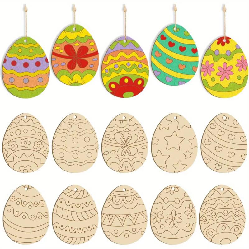10/20pcs Wooden Easter Decorations, Wood Carving Easter  Decoration Egg Shape Wood Chips Painting Supplies Diy Crafts