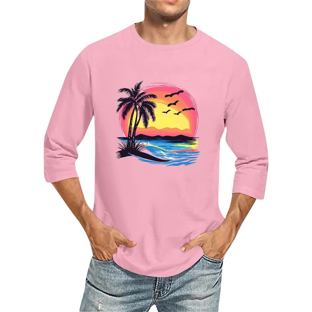 Jednobarevné pánské tričko s kulatým výstřihem a tříčtvrtečním rukávem