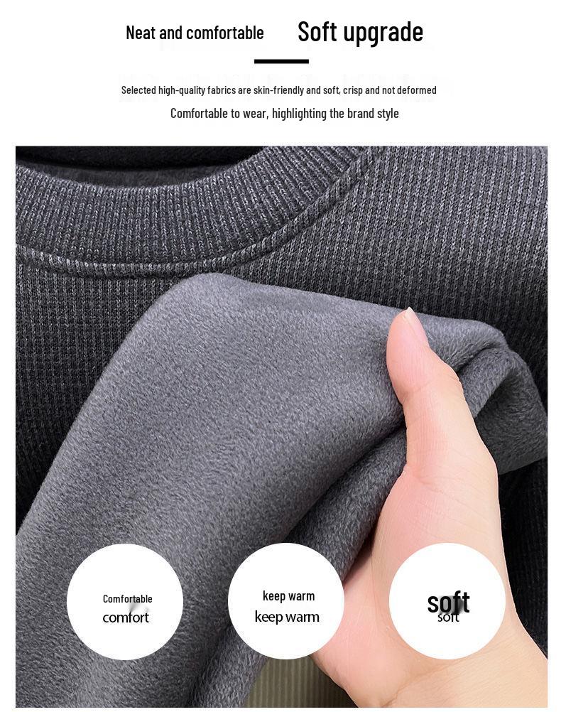 2025 Winter Herren Koreanischer Samt Dicke Kapuzenpullover - Rundhalsausschnitt, Bestickt, Warm, Lässiger Einfarbiger Basislayer