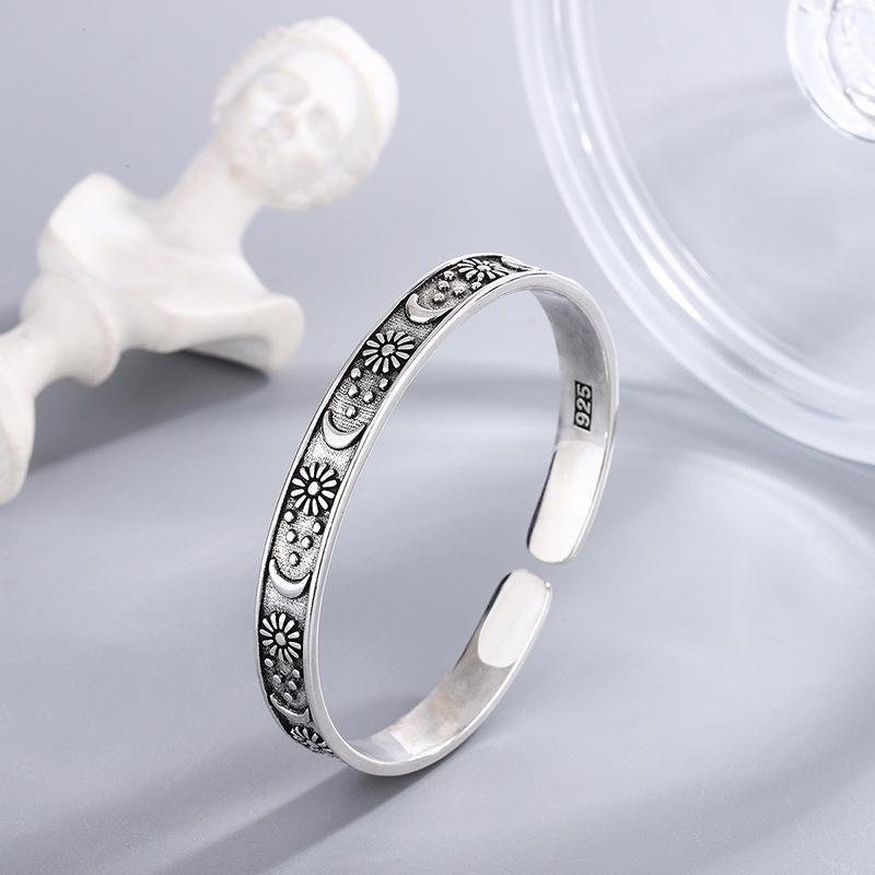 Retro Star & Moon Flower Open Bangle for Women