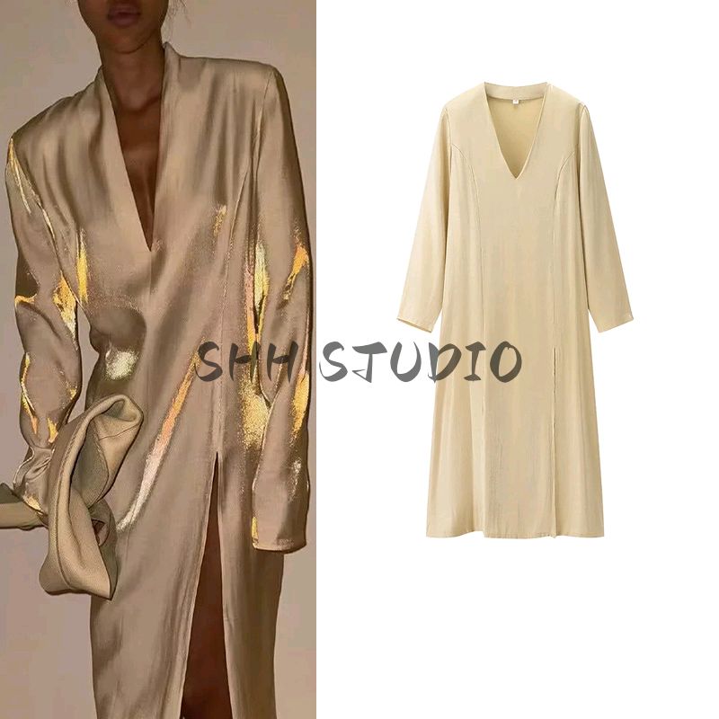 Spring New Women's Clothing French Style Casual Plaid Loose-Fitting V-neck Long Sleeves A- line High Waist Mid Length Long Length Dress