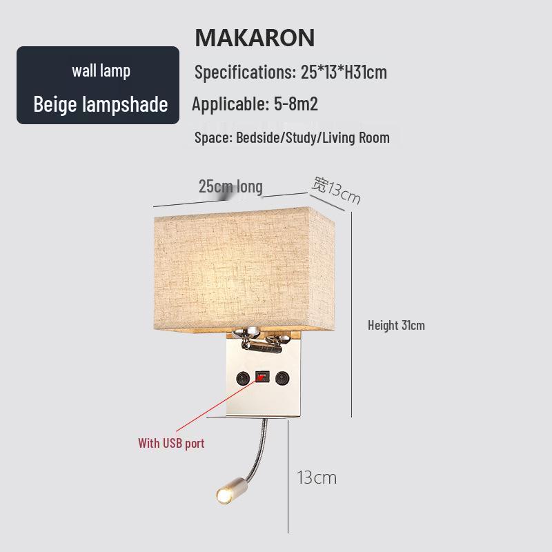 Minimalist LED Bedside Wall Lamp with USB Port - Fabric Shade for Indoor Reading