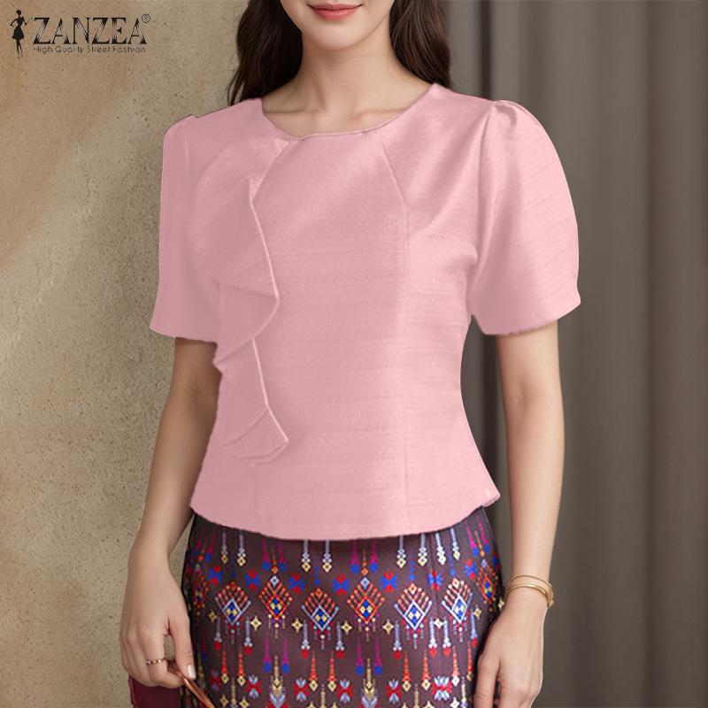 ZANZEA Women Elegant Round Neck Casual Short Sleeve Solid Blouse