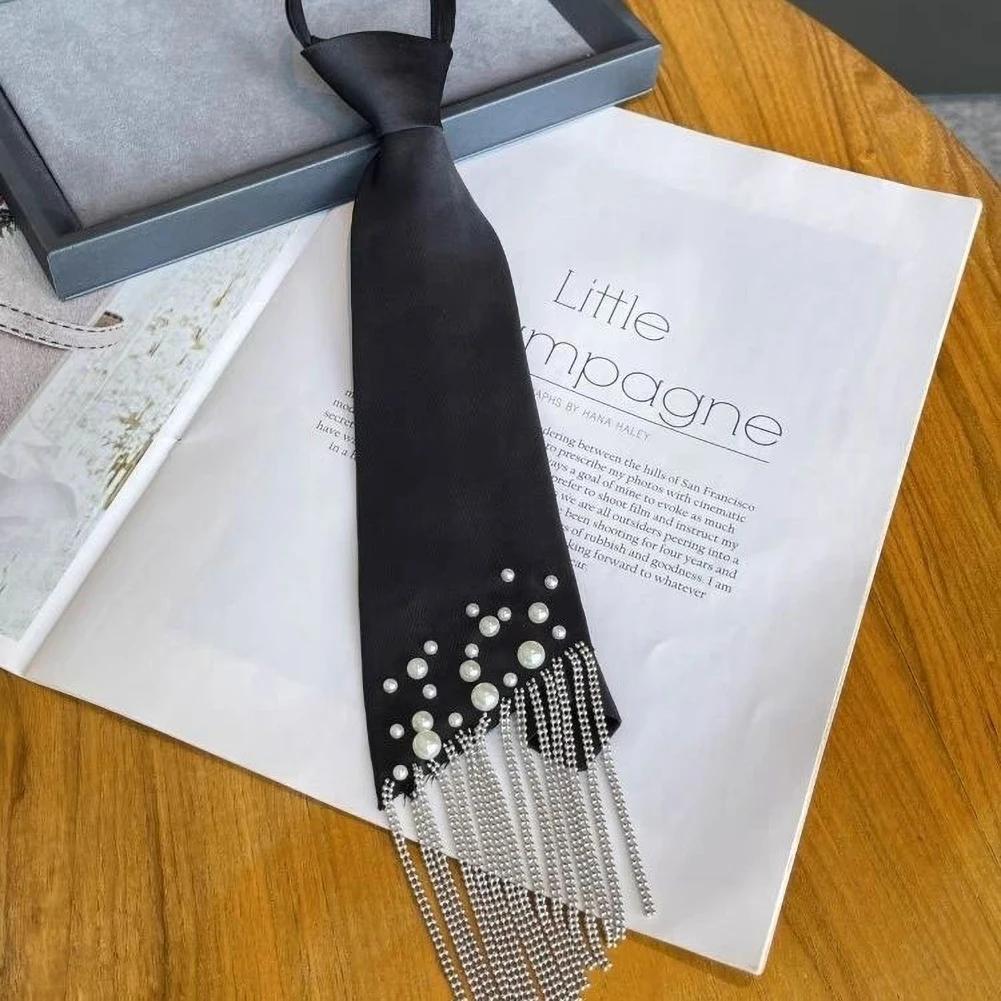 Korean Style Bead Pearl Tassel Ladies Tie Elegant Necktie Tie with Chain Design Bohemian Punk Shirt Tie Necklace Decoration