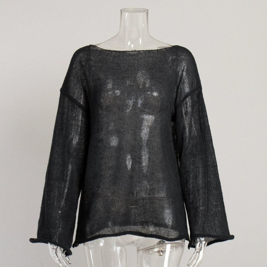 Hollow Knit Sweater Spring and Summer Women's Perspective Thin Section Big Round Neck Flared Sleeve Knitted T-shirt