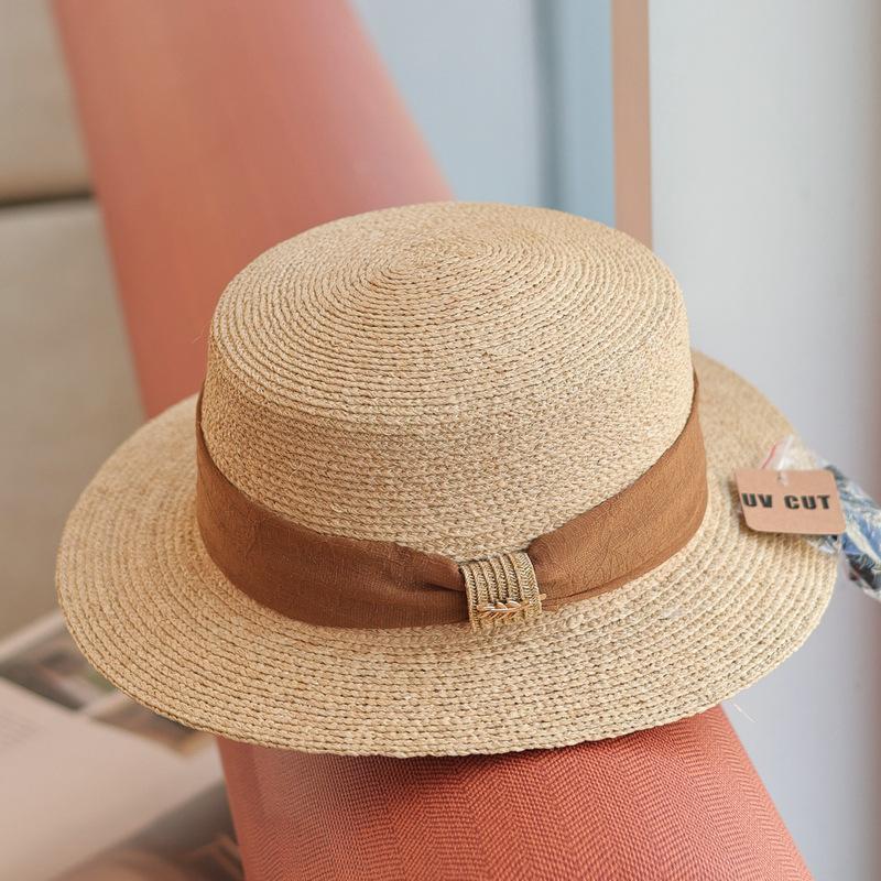 Lafite Grass~ French Textured Webbing Flat-top Straw Hat Women's Beach Vacation Sun Protection Versatile Top Hat Spring and Summer