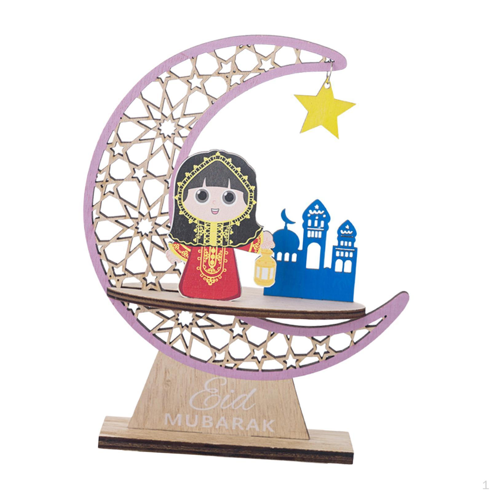 

Прикраса Ід Мубарак Мистецтво Дерев яний Місяць Зірка Настільна Фігурка для Вітальні рожевий