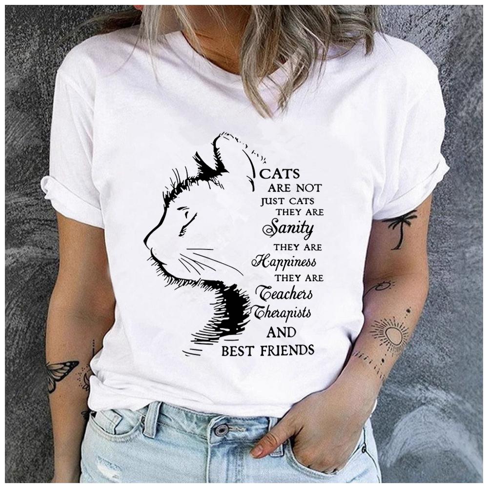 Unisex 100% Polyester Summer Top with Cat Profile Print Loose round Neck Short Sleeve Fashion for Astrology Lovers Black-White Stri