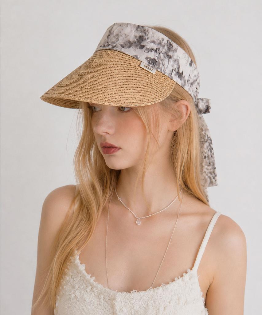Emdijiti Floral Scarf Raffia Sun Visor _Beige [Mdf3Uen002]