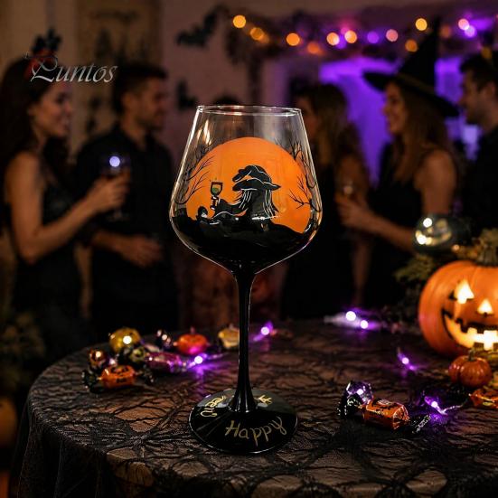Set di Bicchieri da Vino a Tema Halloween con Gambo, Calice Artistico Dipinto a Mano, Bicchiere da 720 ml, Vetro Decorativo Stagionale