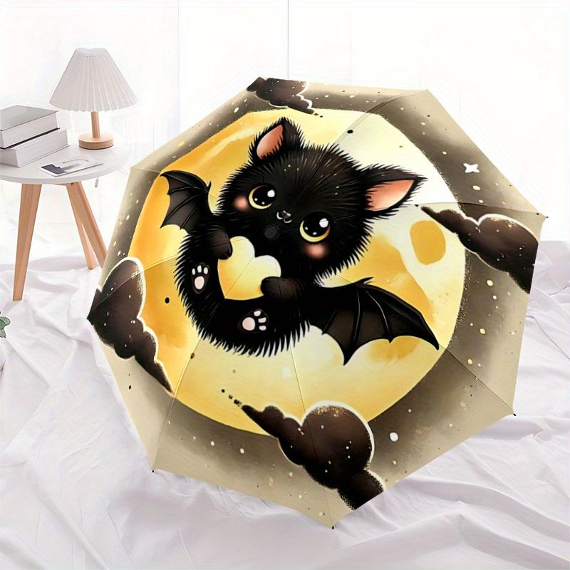 1pc Bat Cute Cartoon Design Automatic 3-Fold Cartoon Umbrella Design, Cute Cartoon Pattern, Portable Outdoor Umbrella, Perfect, Holiday Gift
