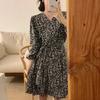 Women's Slimming Long Sleeve Floral A-line Dress - French Style, Spring/Autumn