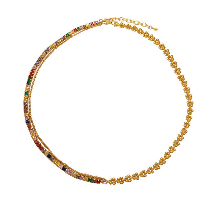 Copper-Plated Gold & Zircon Dazzling Choker Necklace - Elegant Color Block Design for a Luxurious Look.