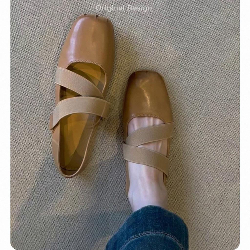 Cowhide version~ Square head pig nose ballet shoes women's cross strap shallow mouth flat bottom casual retro Mary Jane single shoes