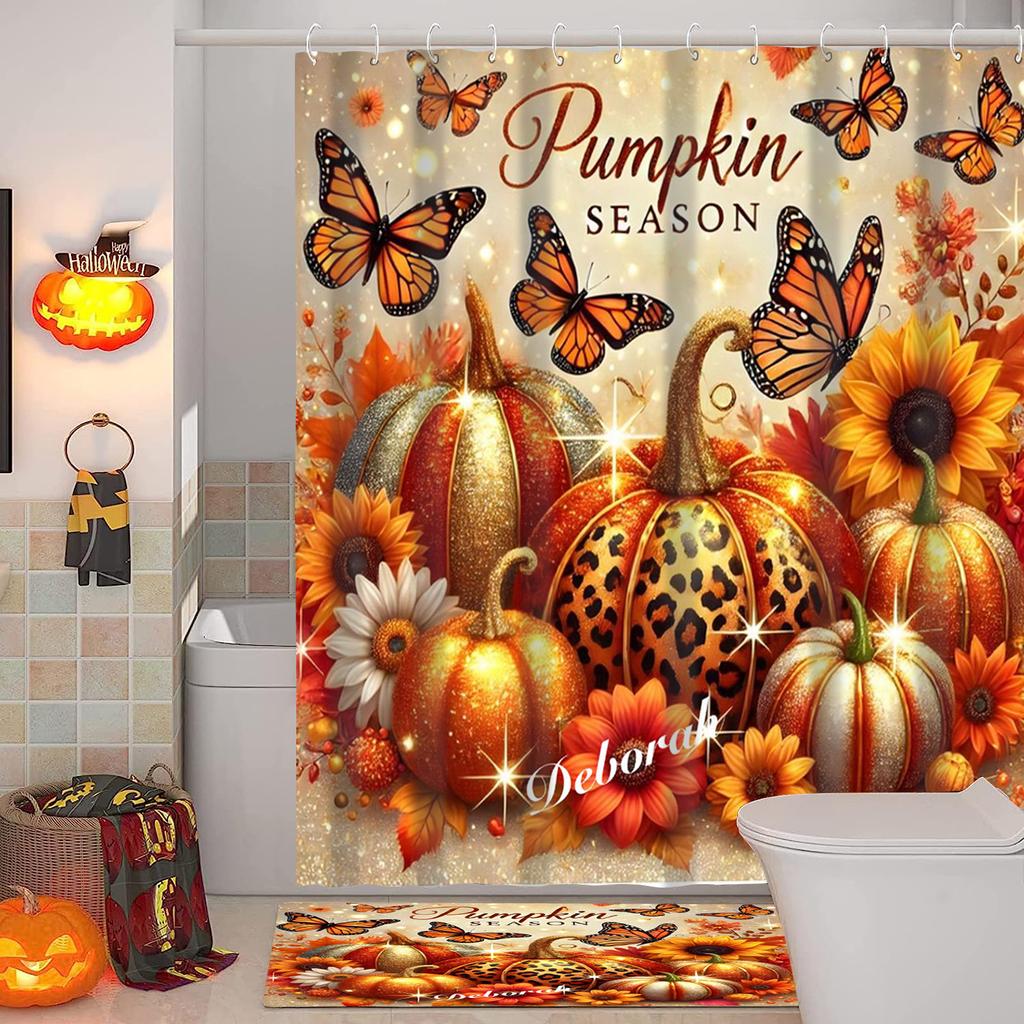 Harvest Thanksgiving Maples Pumpkin Pattern Bathroom Shower Curtain With 12 Hooks Bathroom Decor and Accessories