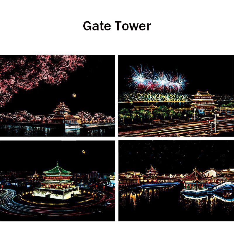 

Красочная новая книга для скретчинга, бумага для волшебной живописи с четырьмя забавными карточками для рисования Gate Tower