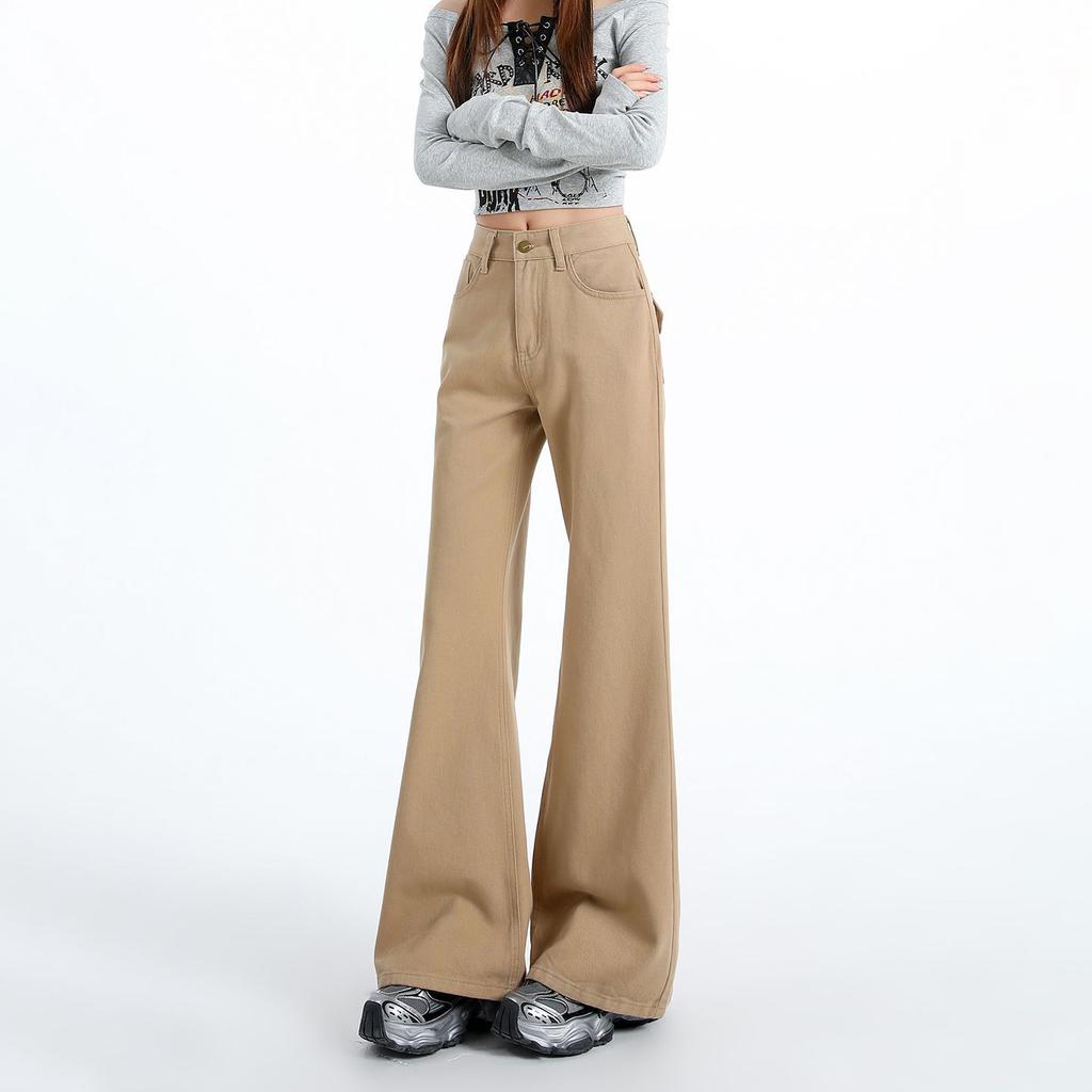 Early Spring Off White Khaki High Waist Slim Flare Floor Micro Wide Leg Denim Pants For Ladies Casual Pants Oversize Denim Trousers