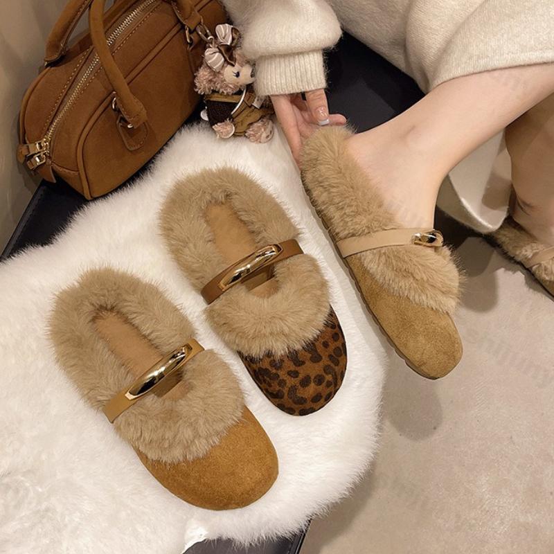 Luxury Women Cotton Slippers Autumn Winter Thicken Plush Non Slip Mary Jane Shoes Fashion Metal Decoration Comfort Casual Shoes