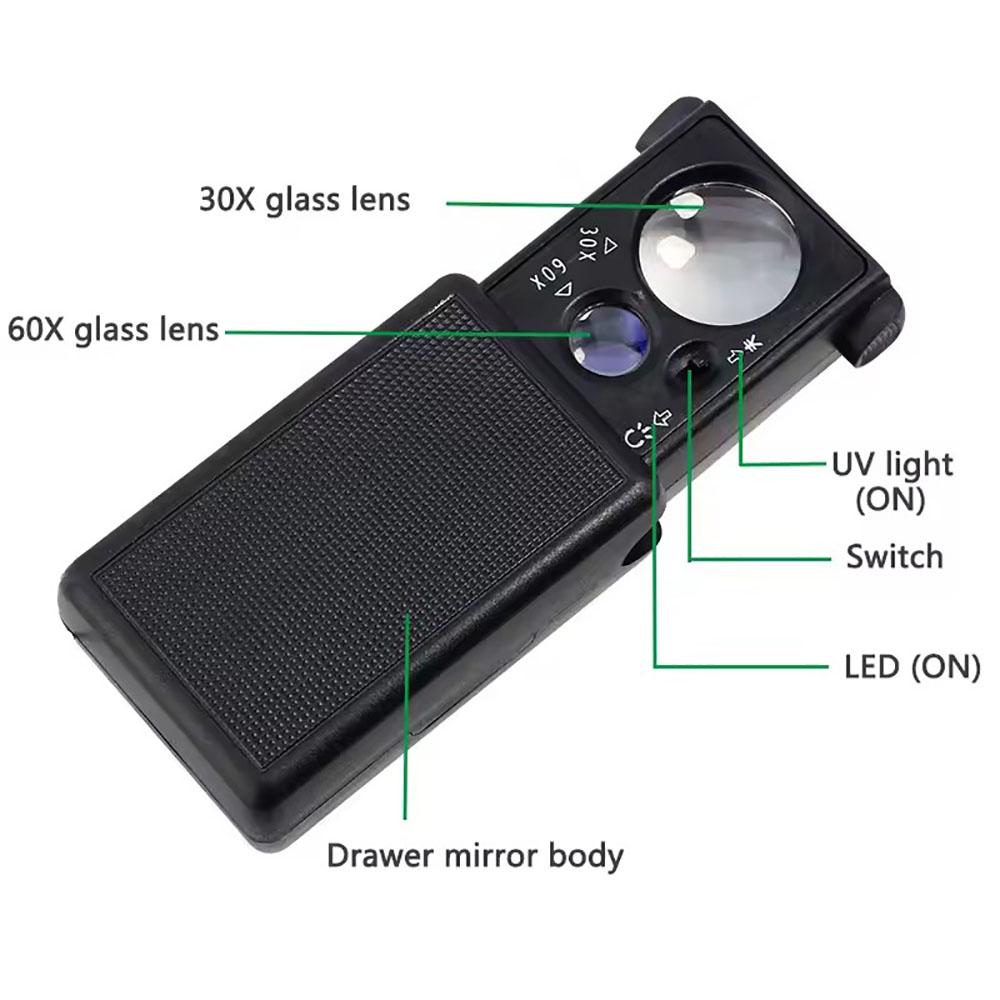 30X 60X Pocket Jewelry Magnifier Sliding Illuminated Magnifier with UV LED Light Hand Magnifier Lens for Diamond Coins