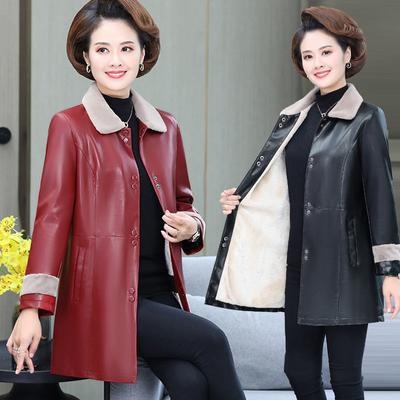 Autumn and Winter New Middle-aged and Elderly Women's Jackets for Mothers Plush and Thick Oversized Windbreaker Medium Length PU Leather Jacket