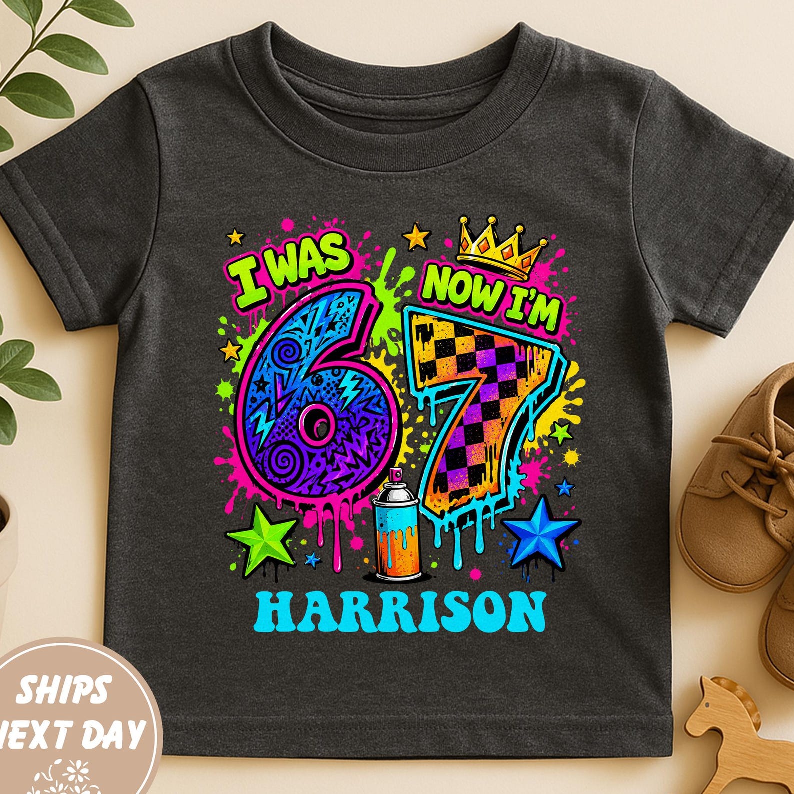 I Was 6 Now I m 7 Birthday Shirt, Personalized 7th Birthday Boy Shirt, Graffiti Birthday Outfit, Neon Birthday Tee, Kids Birthday Gift 140