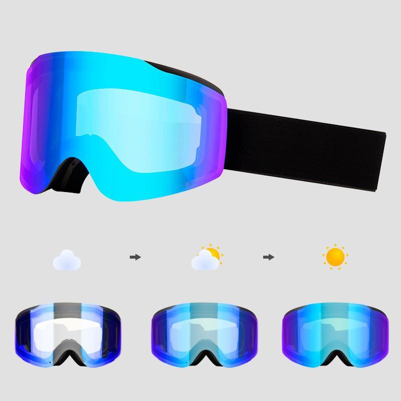 Magnetic Clip-on Ski Goggles With Photochromic Lens Anti-fog Double-layer Snowboard Eyewear Adults Black Frame Blue Lens