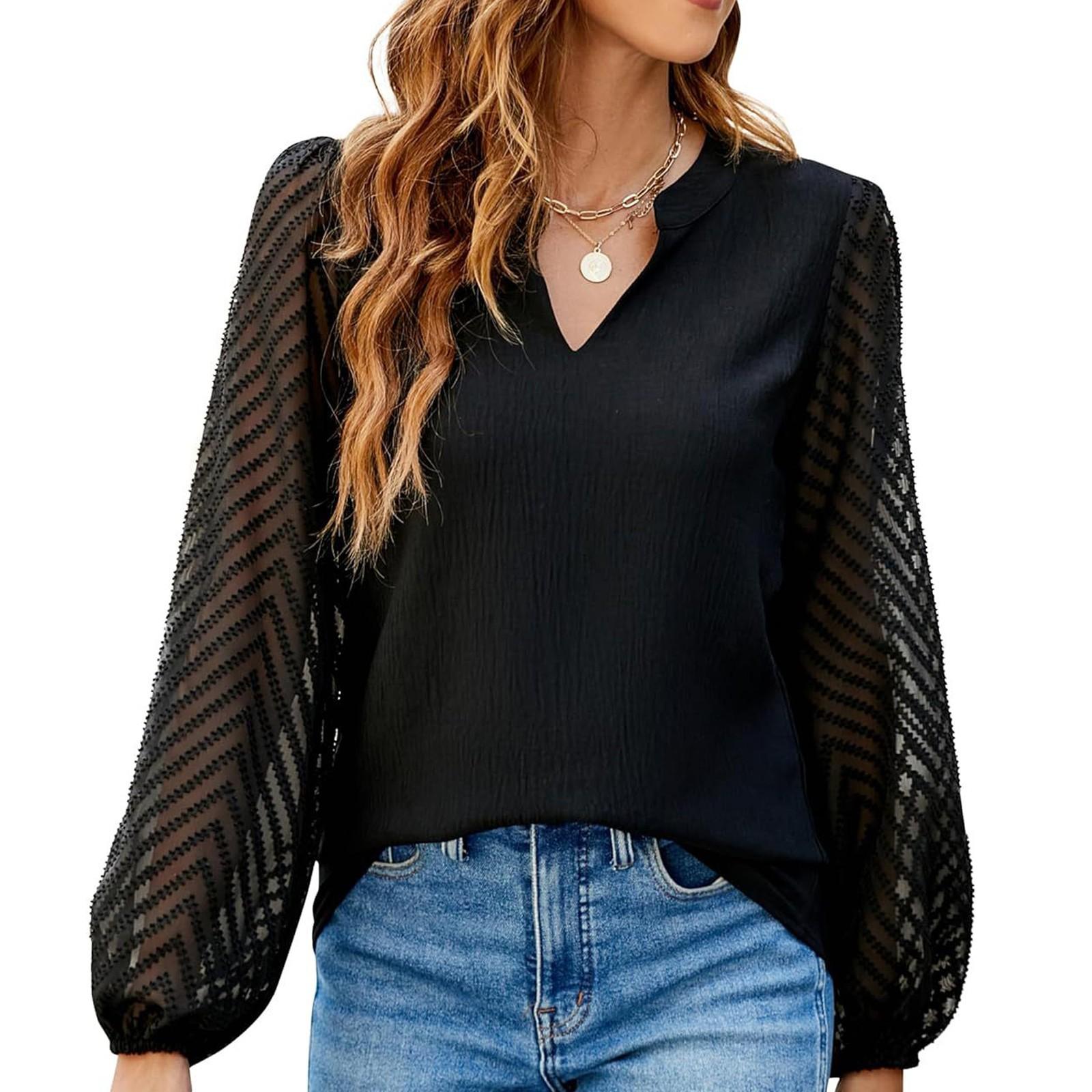 

Женский повседневный свободный однотонный топ из шифона с V-образным вырезом и кружевом Топ из шифона с V-образным вырезом и кружевом XXL чёрный