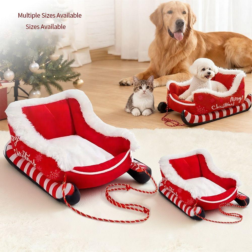 Cute Christmas Sleigh Pet Bed Removable Non-Slip Bottom Cat Dog Nest Washable Pet Warm Sofa Cat Dog