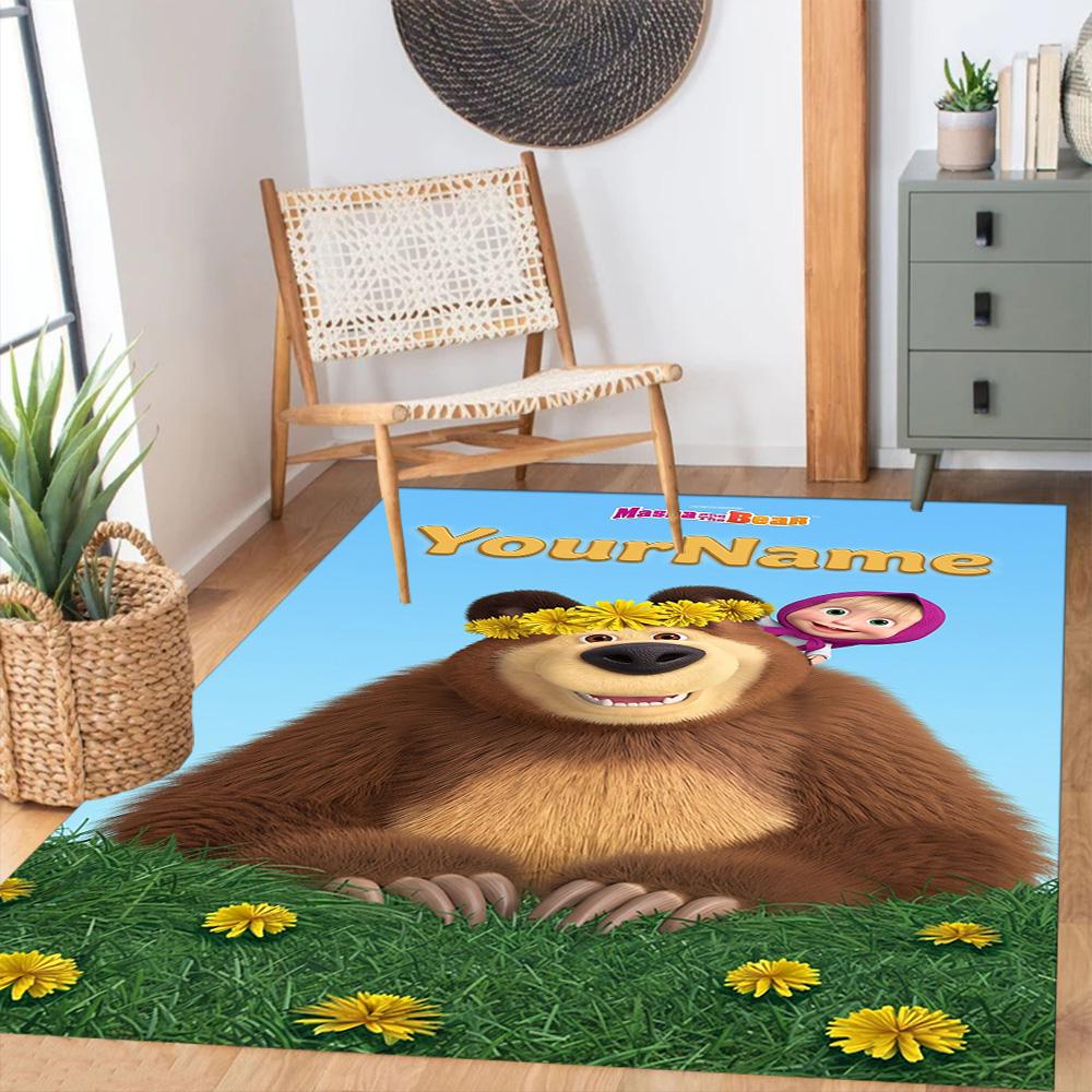 Masha Bear Customize Text Floor Mat Perfect for Dormitory Balcony Game Room Dining Room Anti-slip Rug Anime Office Decor