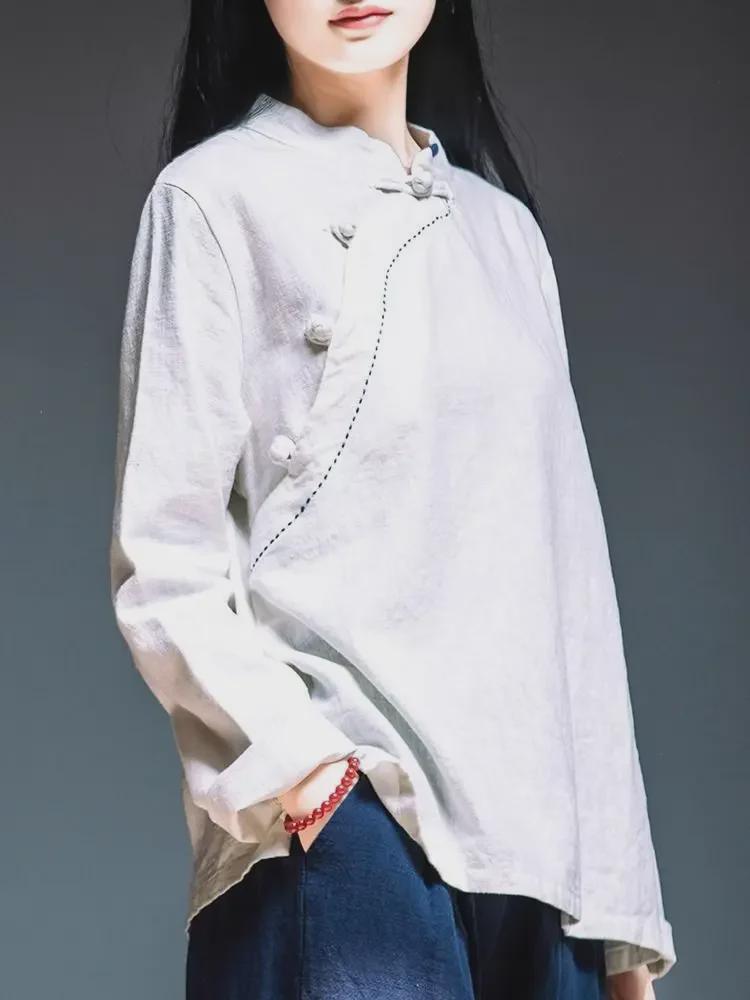 

Женский хлопковый льняной топ в стиле ретро с длинными рукавами: Весна/Лето, облегающий крой, воротник-стойка/асимметричный XXL