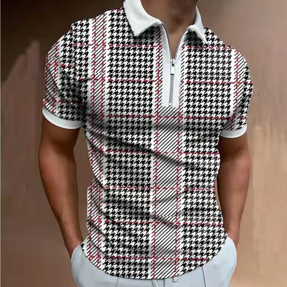 Summer Men's Casual Fashion Zipper Polos Digital Printed Stripe Plaid Pattern Mens Polo Shirts with Short Sleeve Men Clothing