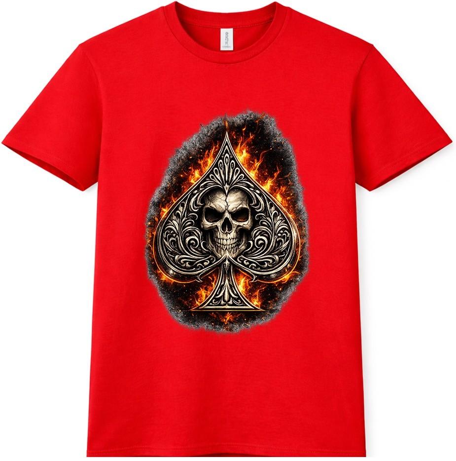 Skull Spade T Shirt Flaming Gothic Biker Tattoo Playing Card Graphic Tee S