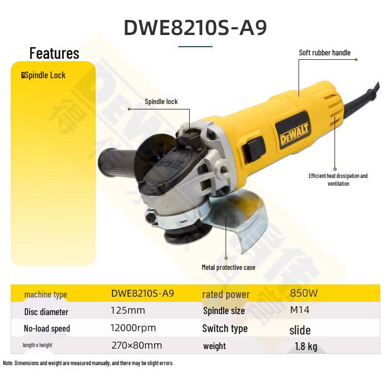 DeWALT DWE8210S-A9 125mm Corded Angle Grinder CN plug (adapter included)