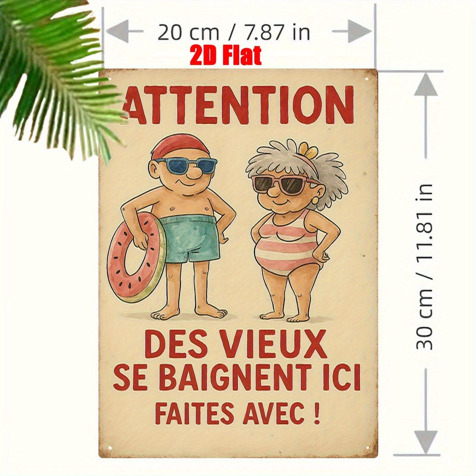 

French Humor Old Couple Metal Sign Vintage Pool Fun Wall Decor D Printed Iron Plaque xcm for Pool Bathroom Sauna 20x30cm（7.8x11.8inch）