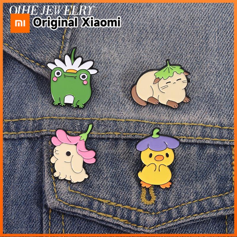 Xiaomi Duck Wear Eggplant Hat Frog Wear Daisy Hat Enamel Pins Brooch Cute Animal Brooches Backpack Lapel Badge Jewelry Gift for Friends