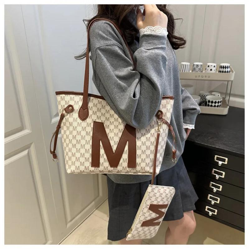 Monogrammed Tote Bag & Mini Bag Set Stylish Purses with Logo Accents Large Capacity Handbags Shoulder Bag for Women's Daily Use
