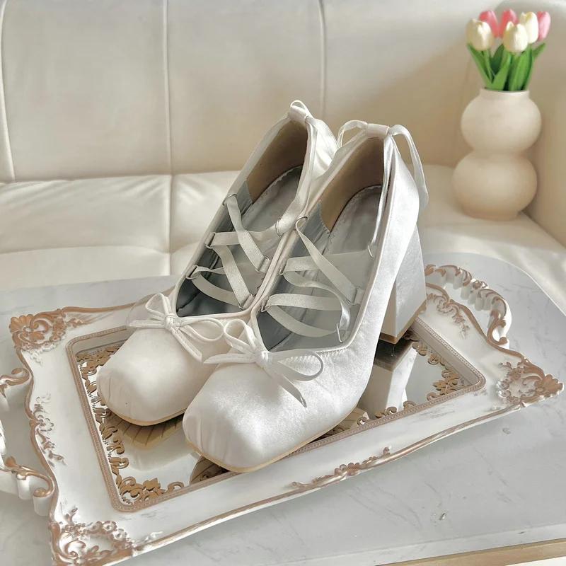 2025 Minuet Pink Mary Jane High Heels Lolita Thick Heel Satin Ribbon Ballet Sandals For Women Pumps