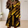 Women Plus Size Scalloped V Neck Long Sleeve Black Printed Dress