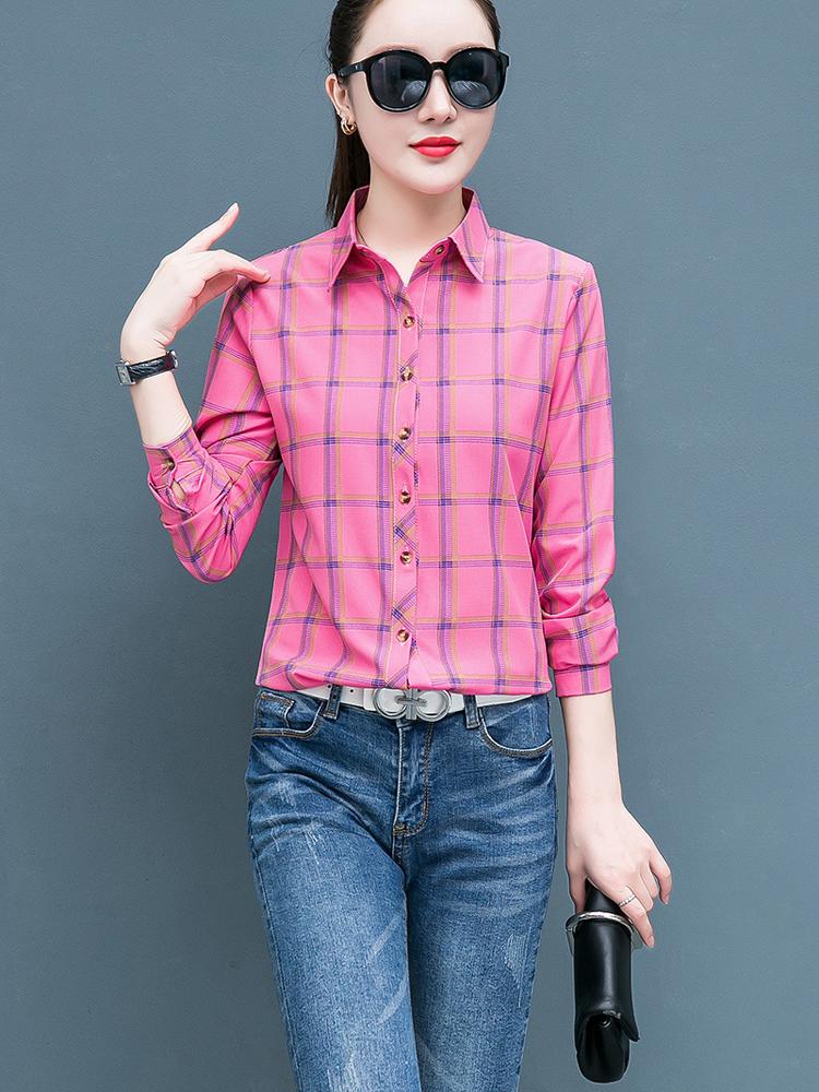 Geruit Overhemd Dames Honderd Dames Tops Los Retro Hong Kong Smaak Lange Mouw Overhemd