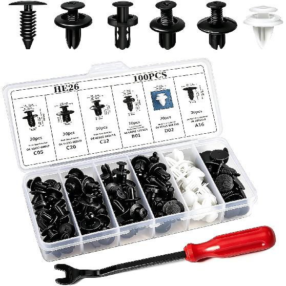 100 Pcs Car Bumper Clips Kit, Car Plastic Rivets Fasteners Push Retainer Kit with Sizes Auto Push Pin Rivets Set, Universal Expansion Screw Clips