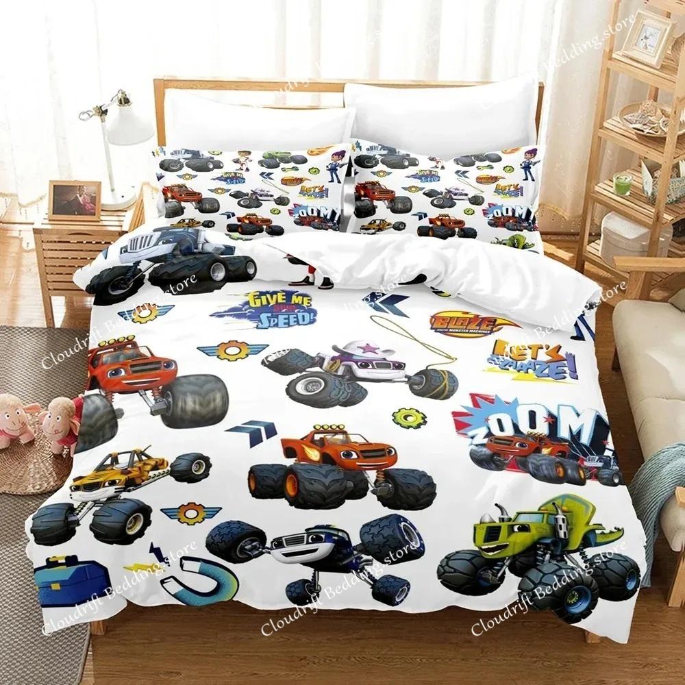 Set Letto Stampa 3D Blaze e le Mega Macchine Cartone Animato Copripiumino Matrimoniale Singolo Piazza e Mezza King Adulti Ragazzi Biancheria da Letto Copripiumino