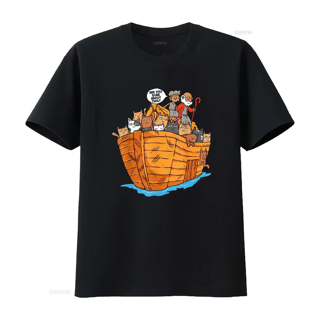 New Limited Noahs Ark Boat With Cats Religious Christian Cat Lover T Shirt Vintage Washed Homme Top For Everyday Wear