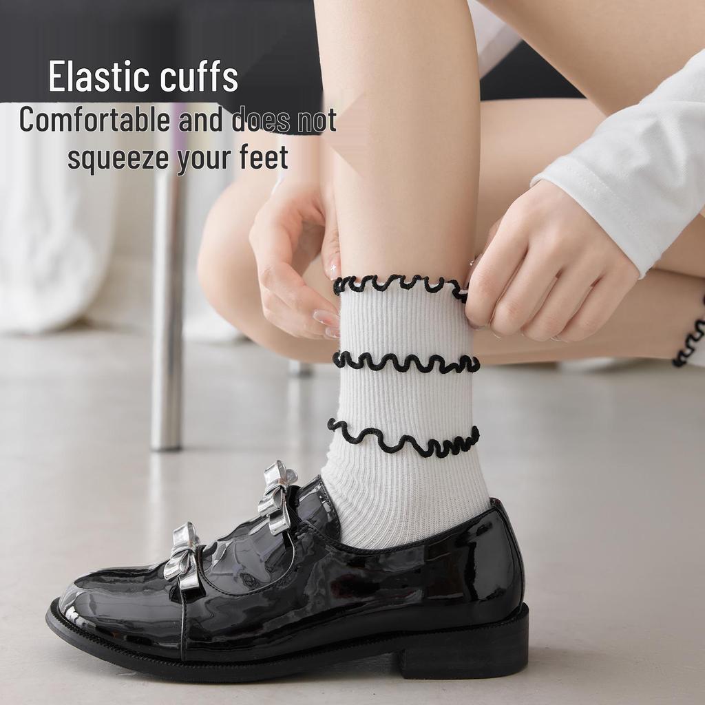 Women's Retro Lace Scrunch Mid-Calf Socks – Breathable, Sweat-Absorbent Combed Cotton with Frilly Edges, Korean Double Rib Style
