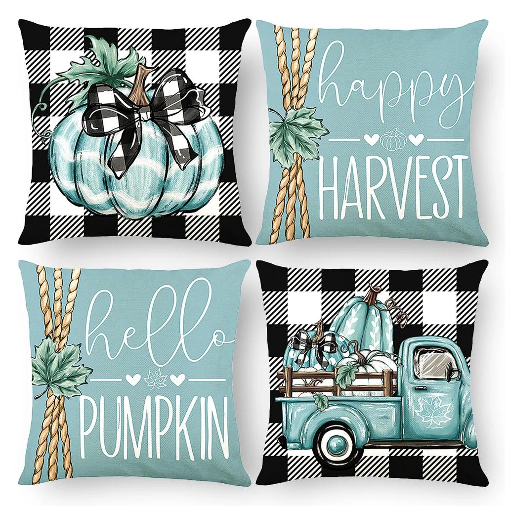 4pcs Fall Thanksgiving Pillow Cover Pumpkin Design Thanksgiving Linen Cushion Cover Happy Autumn Thanksgiving Holiday Decoration