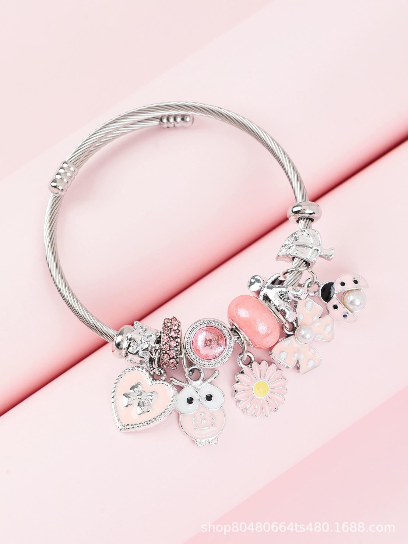 Handmade Pink Beaded Bracelet Enamel Owl Sunflower Ladybug Charms Unique Gift for Women Nothing розовый
