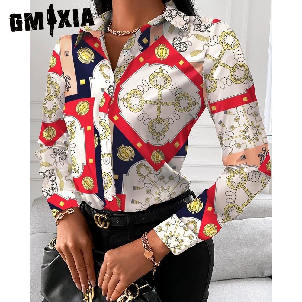 GMXIA Women's Fashion Casual Solid Color Print Long Sleeve POLO Neck Blouses & Shirts