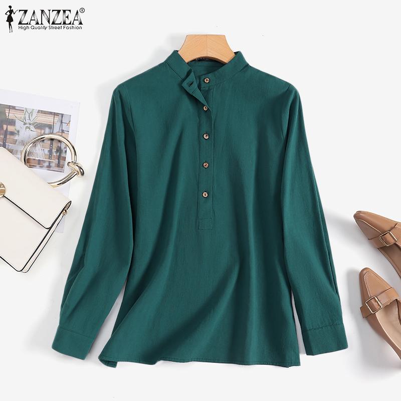 

ZANZEA Хлопковая блузка Повседневная футболка с длинным рукавом с вырезом