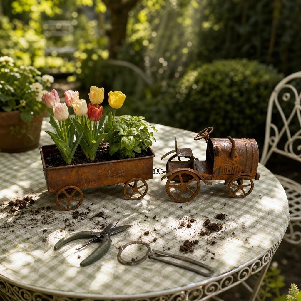 Rustic Tractor Planter Garden Decoration Outdoor Metal Flower Pot with Wagon Trailer for Patio Lawn Yard Display